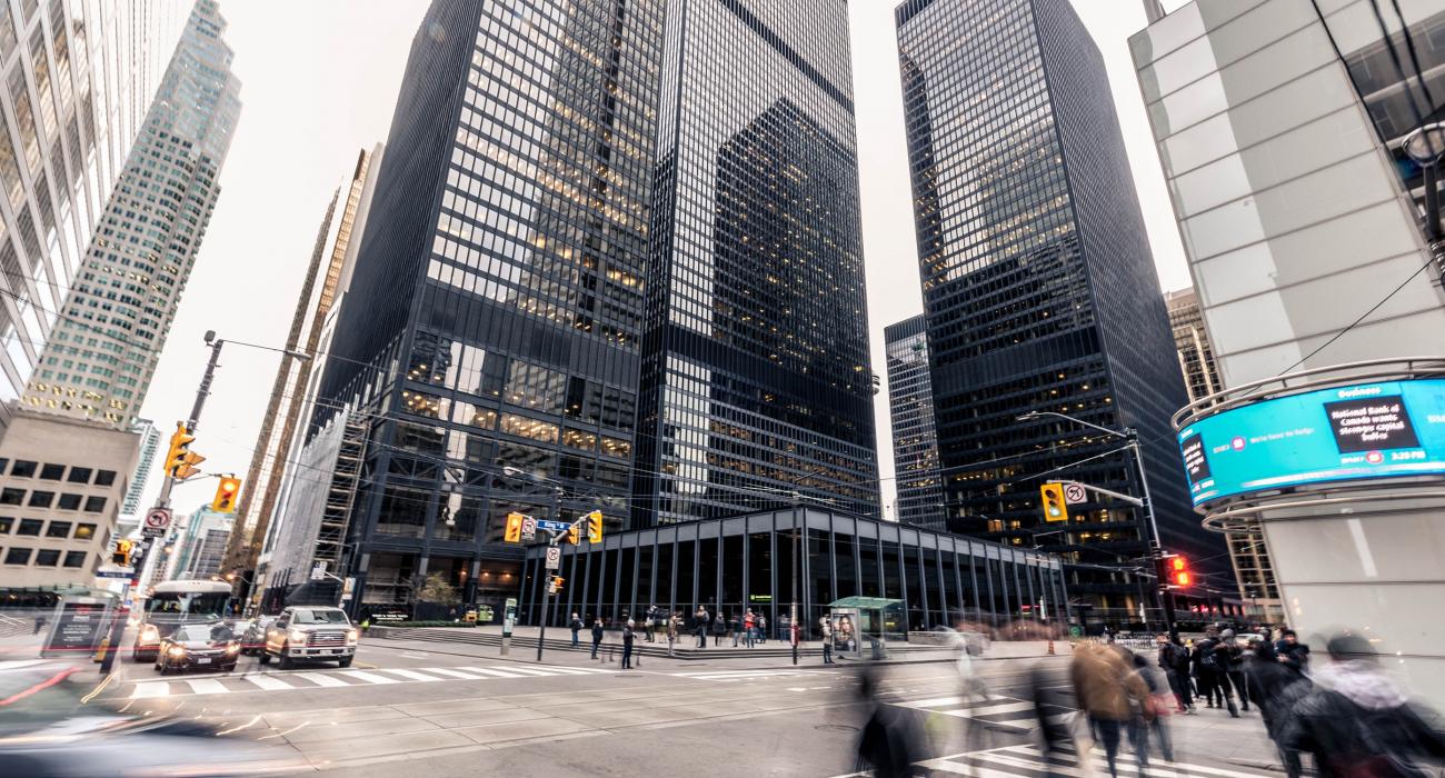 Wall street, buildings, busy street